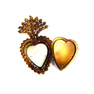 Jeweled Sacred Heart Ex Voto Milagro Locket Cachette Rhinestone Mother of Pearl 