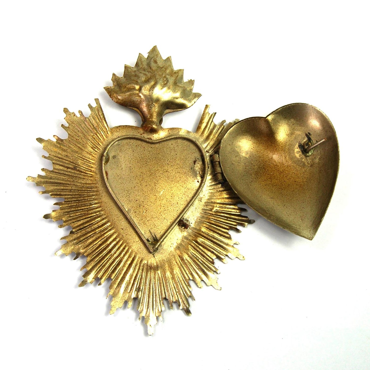 Sacred Heart Ex Voto Milagro Silver Burning Flaming Heart Locket