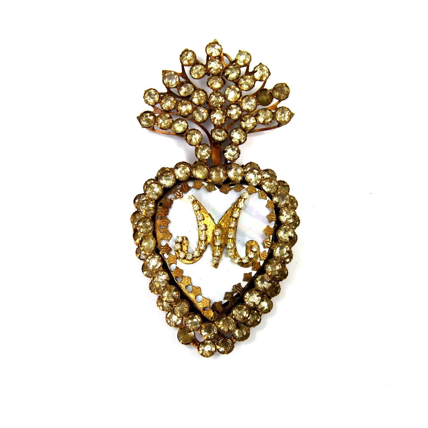 Jeweled Sacred Heart Ex Voto Milagro Locket Cachette Rhinestone Mother of Pearl 