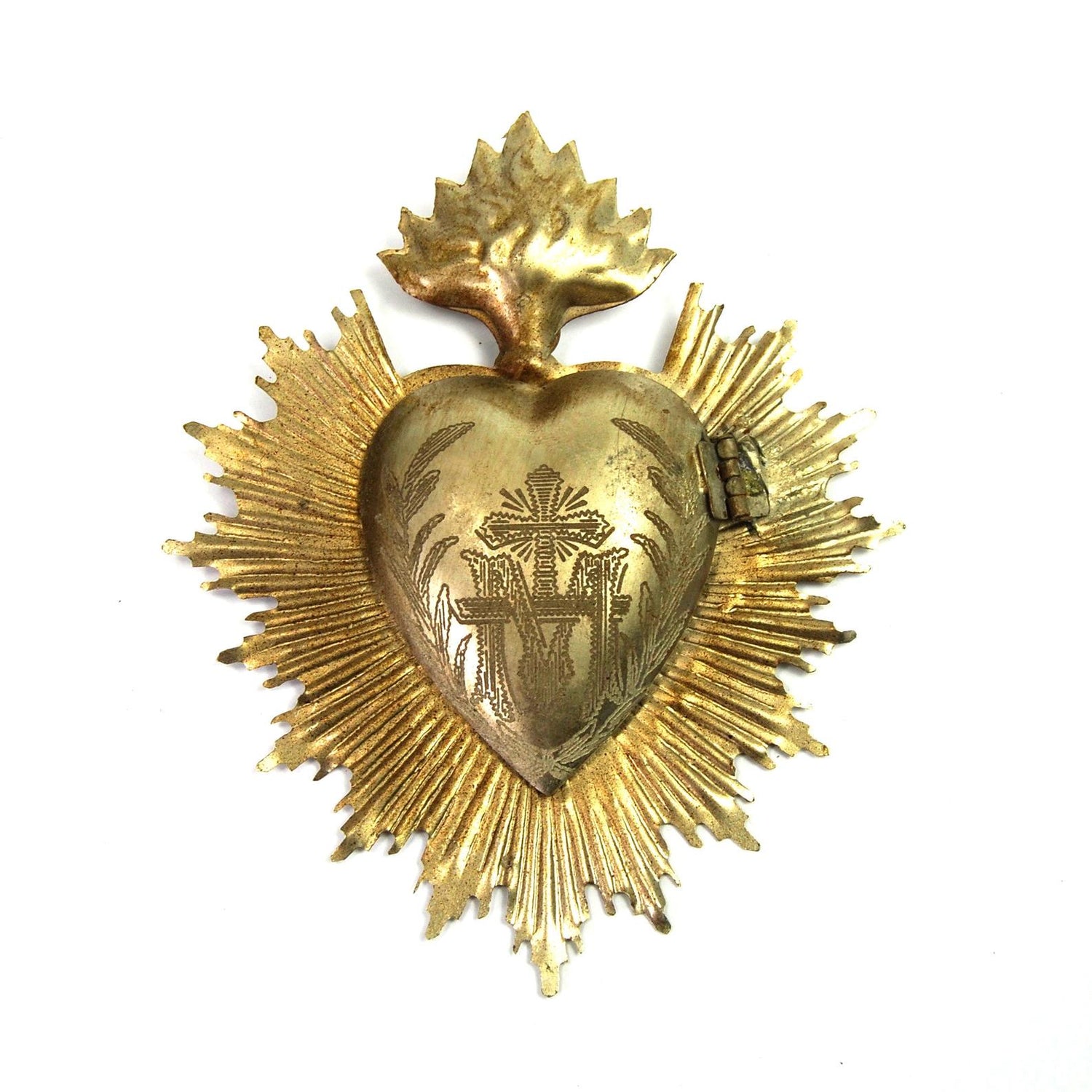 Sacred Heart Ex Voto Milagro Silver Burning Flaming Heart Locket