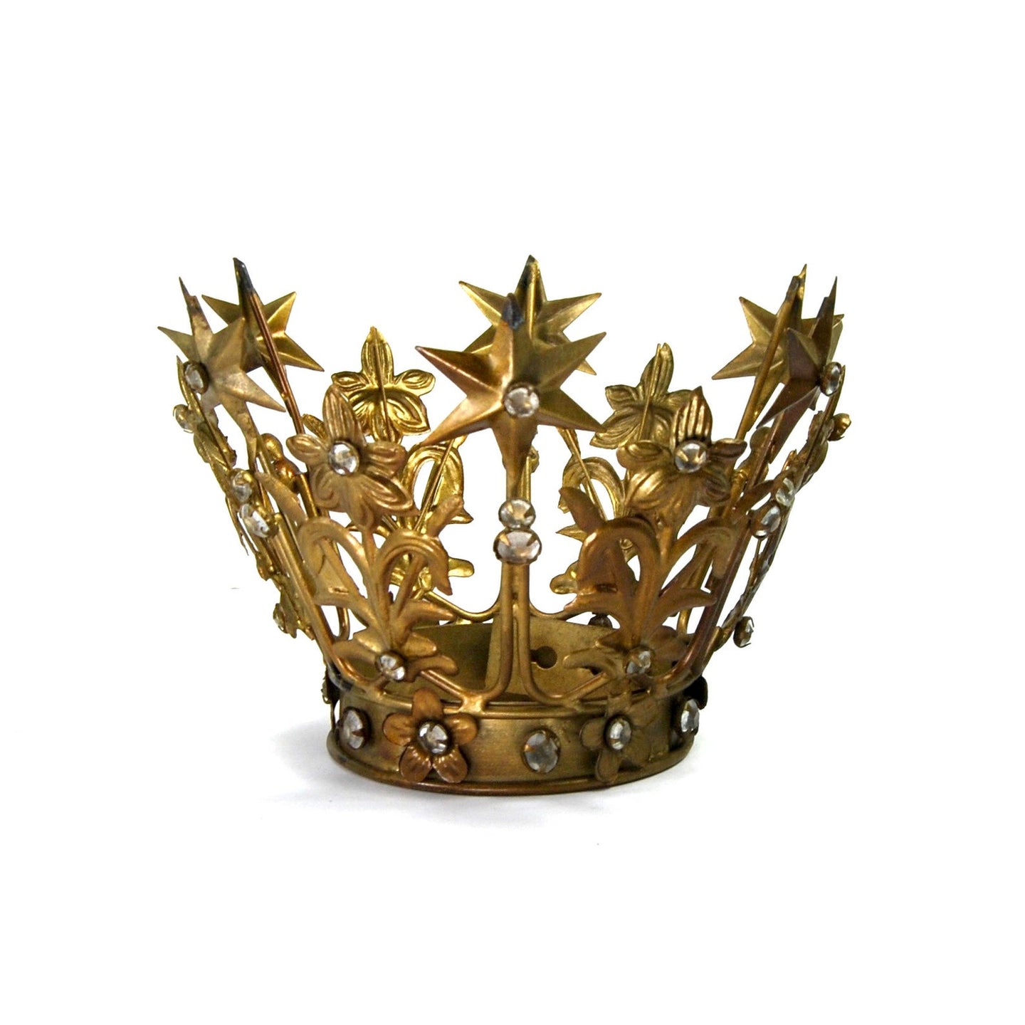 Medium Santos Crown with Lilies Stars Rhinestones Antique Gold 3.25