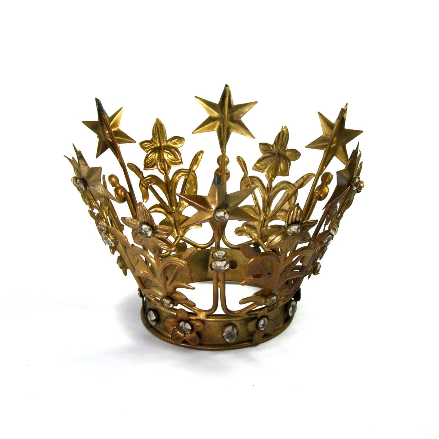 Medium Santos Crown with Lilies Stars Rhinestones Antique Gold 3.25"-4.25" Diameter