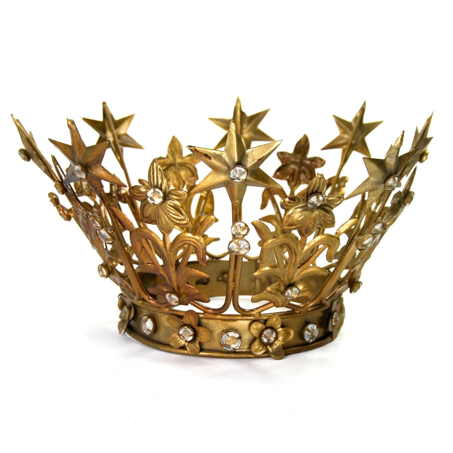 Large Santos Crown with Lilies Stars Rhinestones Antique Gold 4" to 4.5" Diameter