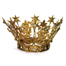 Load image into Gallery viewer, Large Santos Crown with Lilies Stars Rhinestones Antique Gold 4&quot; to 4.5&quot; Diameter
