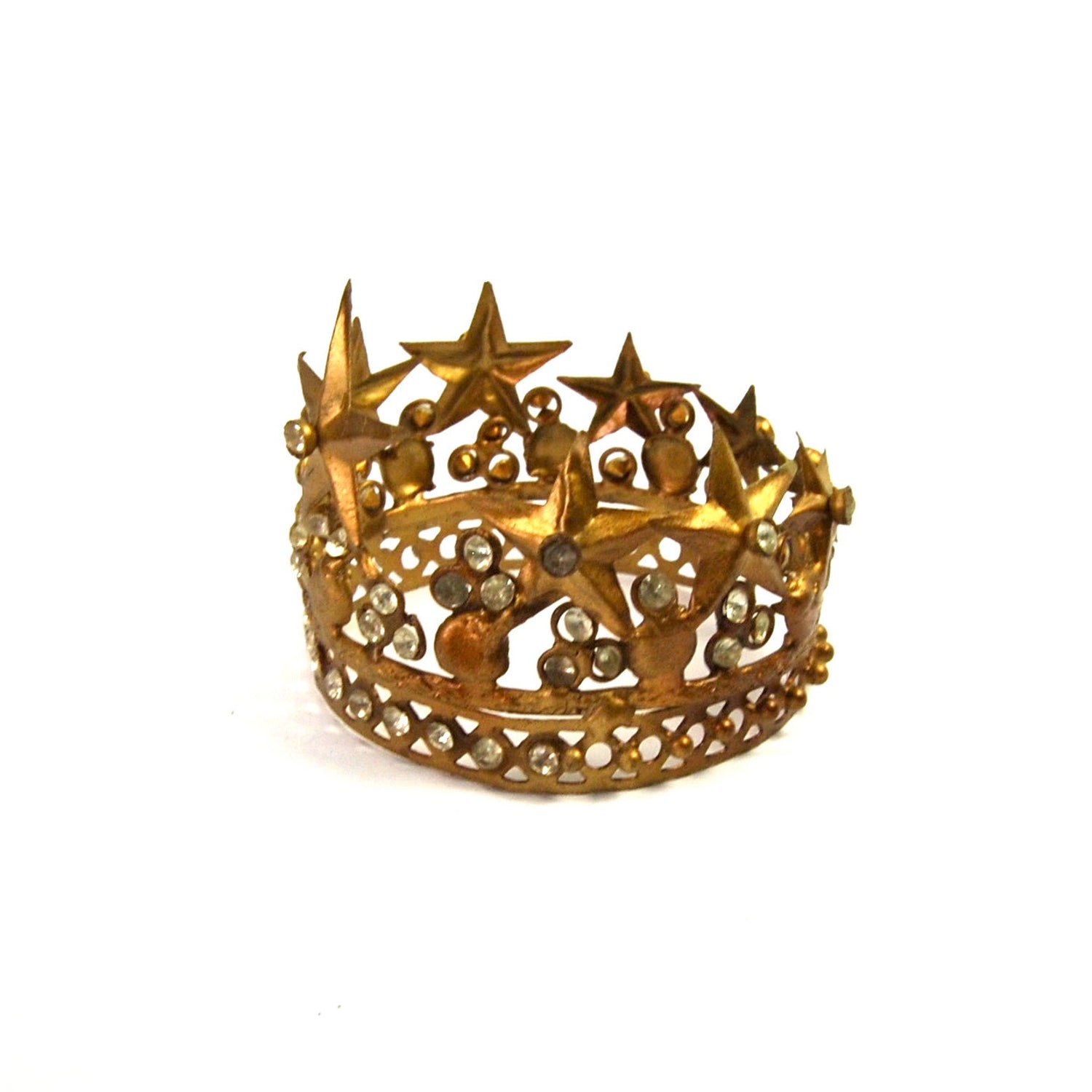 Small Santos Crown with Lilies Stars Rhinestones Antique Gold 2.5" Diameter