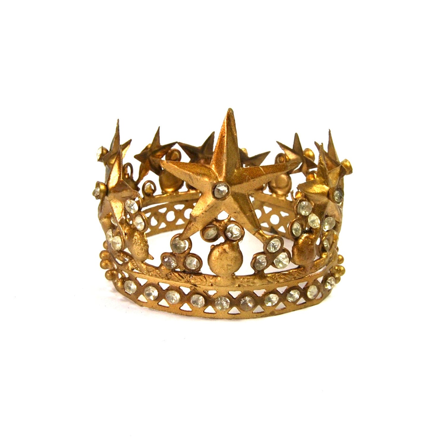 Small Santos Crown with Lilies Stars Rhinestones Antique Gold 2.5" Diameter
