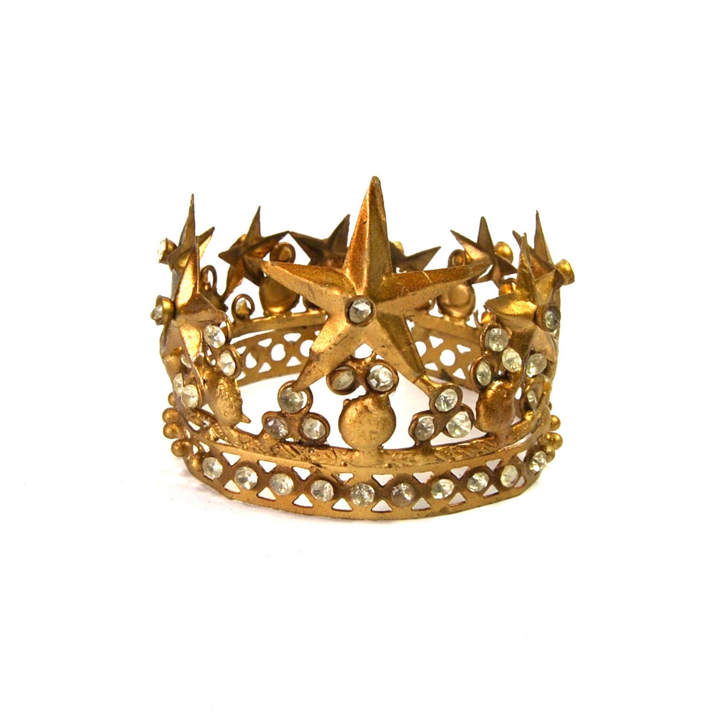 Small Santos Crown with Lilies Stars Rhinestones Antique Gold 2.5