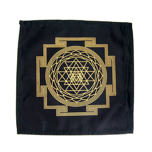 Crystal Grid Cloth SRI YANTRA Maha Meru 12 Inch Square Black Gold 100% Cotton