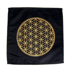 Crystal Grid Cloth FLOWER OF LIFE Black and Gold 100% Cotton 12"