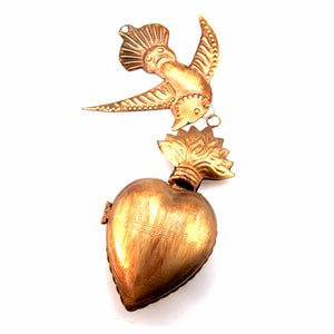 Sacred Heart Ex Voto Locket with Dove Milagro in Antiqued Brass