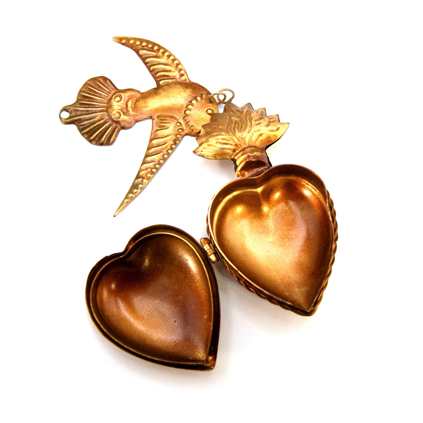Sacred Heart Ex Voto Locket with Dove Milagro in Antiqued Brass