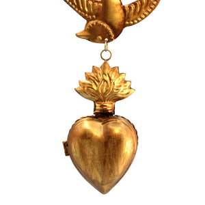 Sacred Heart Ex Voto Locket with Dove Milagro in Antiqued Brass