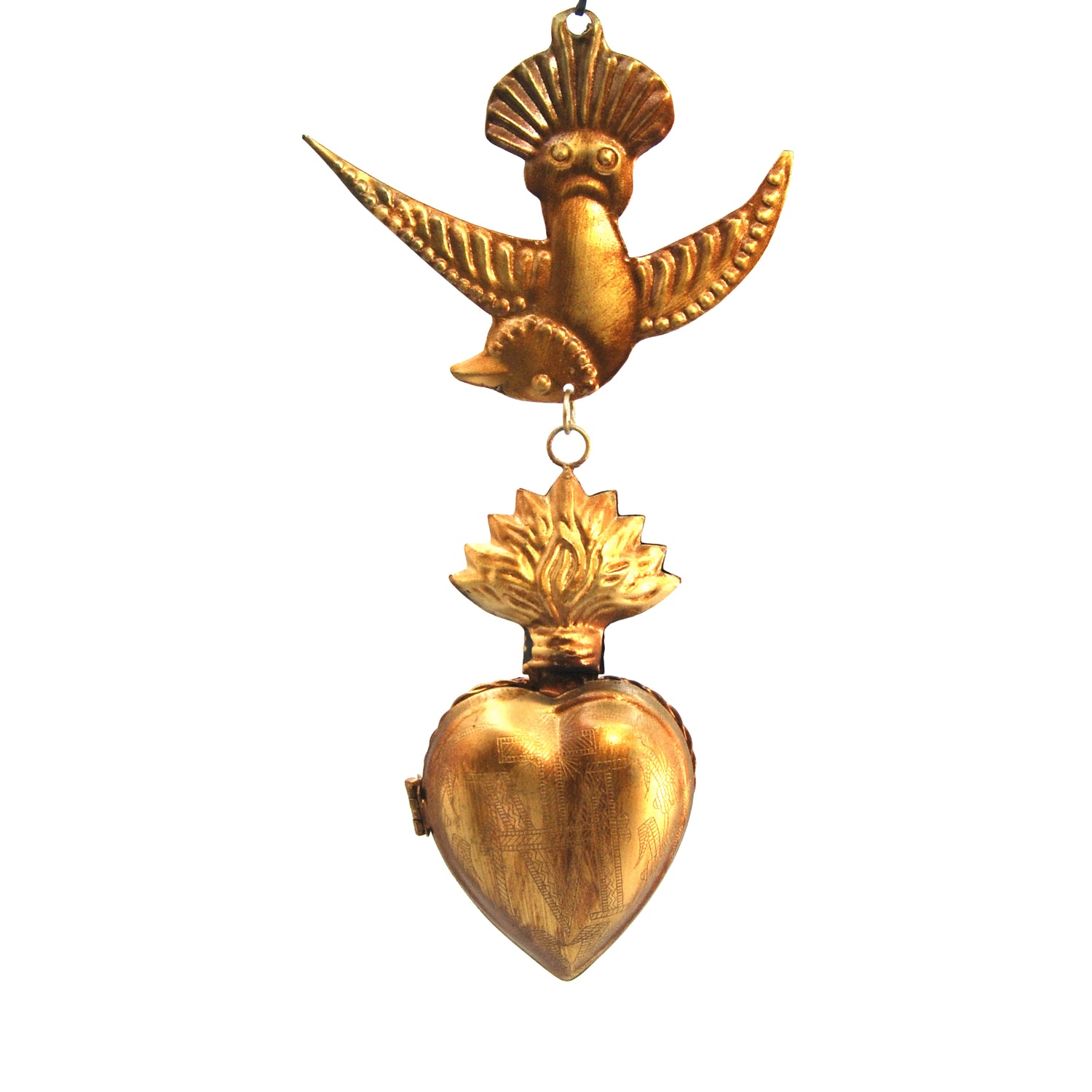Sacred Heart Ex Voto Locket with Dove Milagro in Antiqued Brass