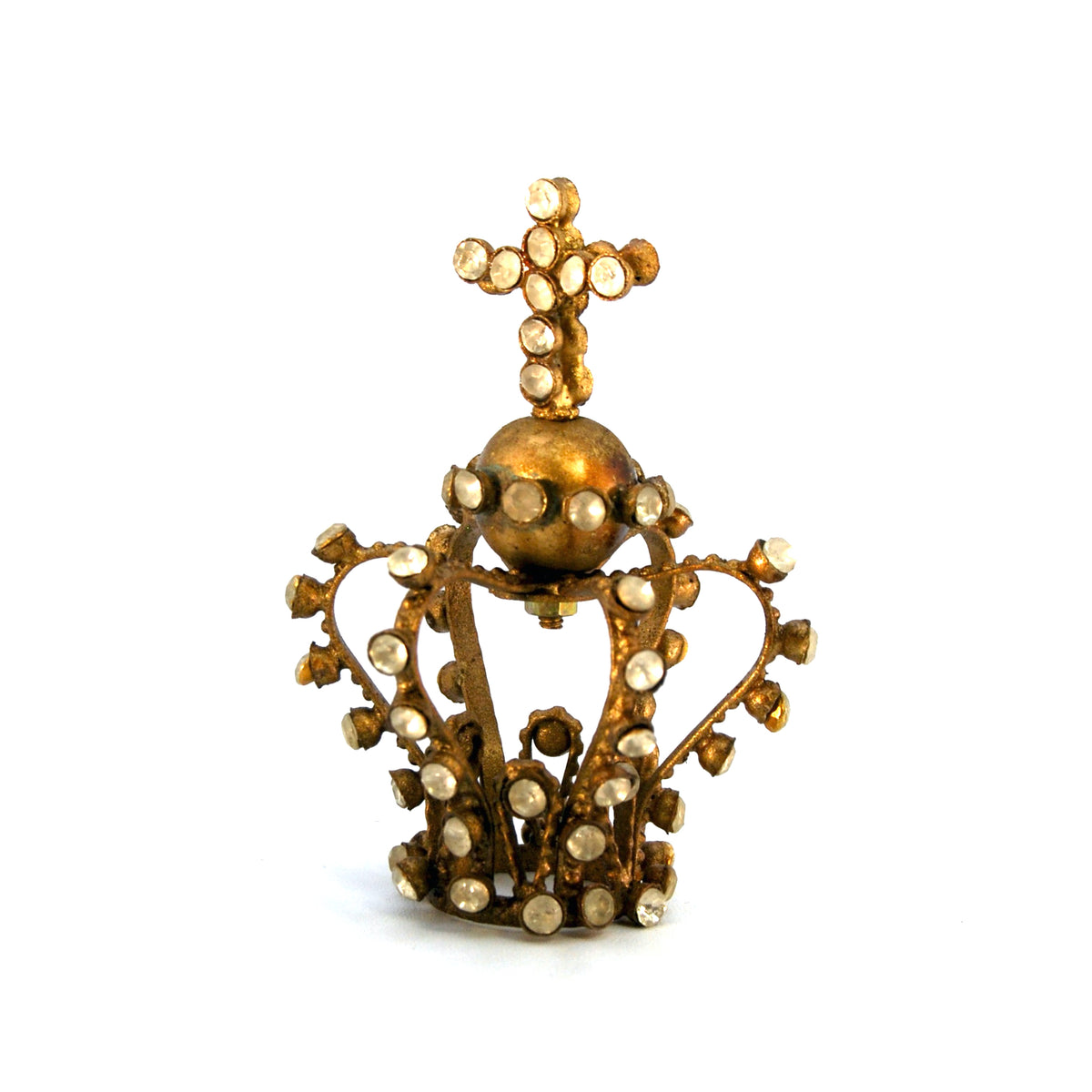 Tiny Jeweled Santos Kings Crown, Ornate Antique Gold Rhinestone Orb and Cross Motif