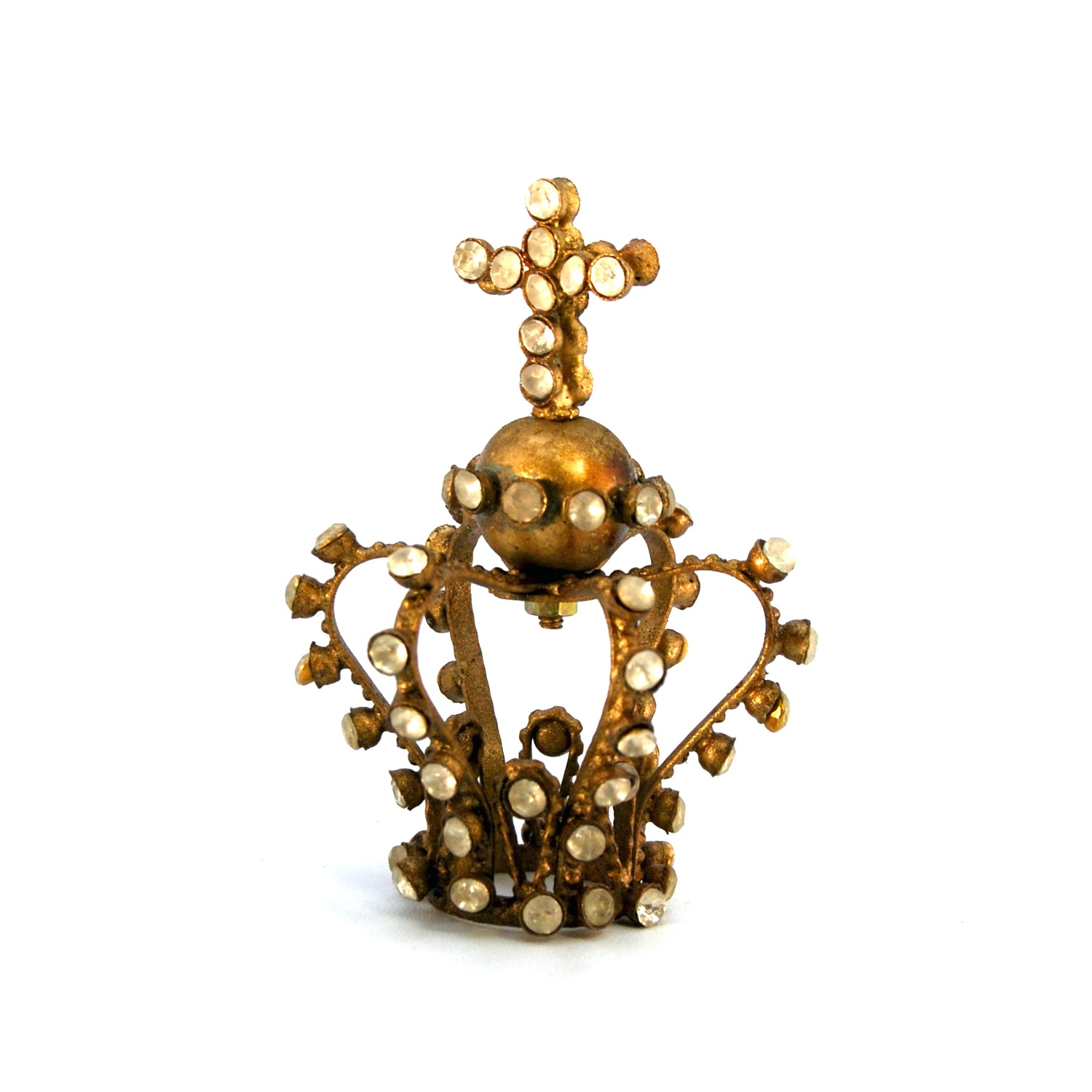 Tiny Jeweled Santos Kings Crown, Ornate Antique Gold Rhinestone Orb and Cross Motif
