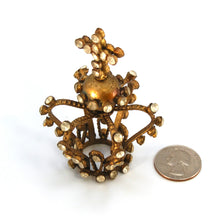 Load image into Gallery viewer, Tiny Jeweled Santos Kings Crown, Ornate Antique Gold Rhinestone Orb and Cross Motif
