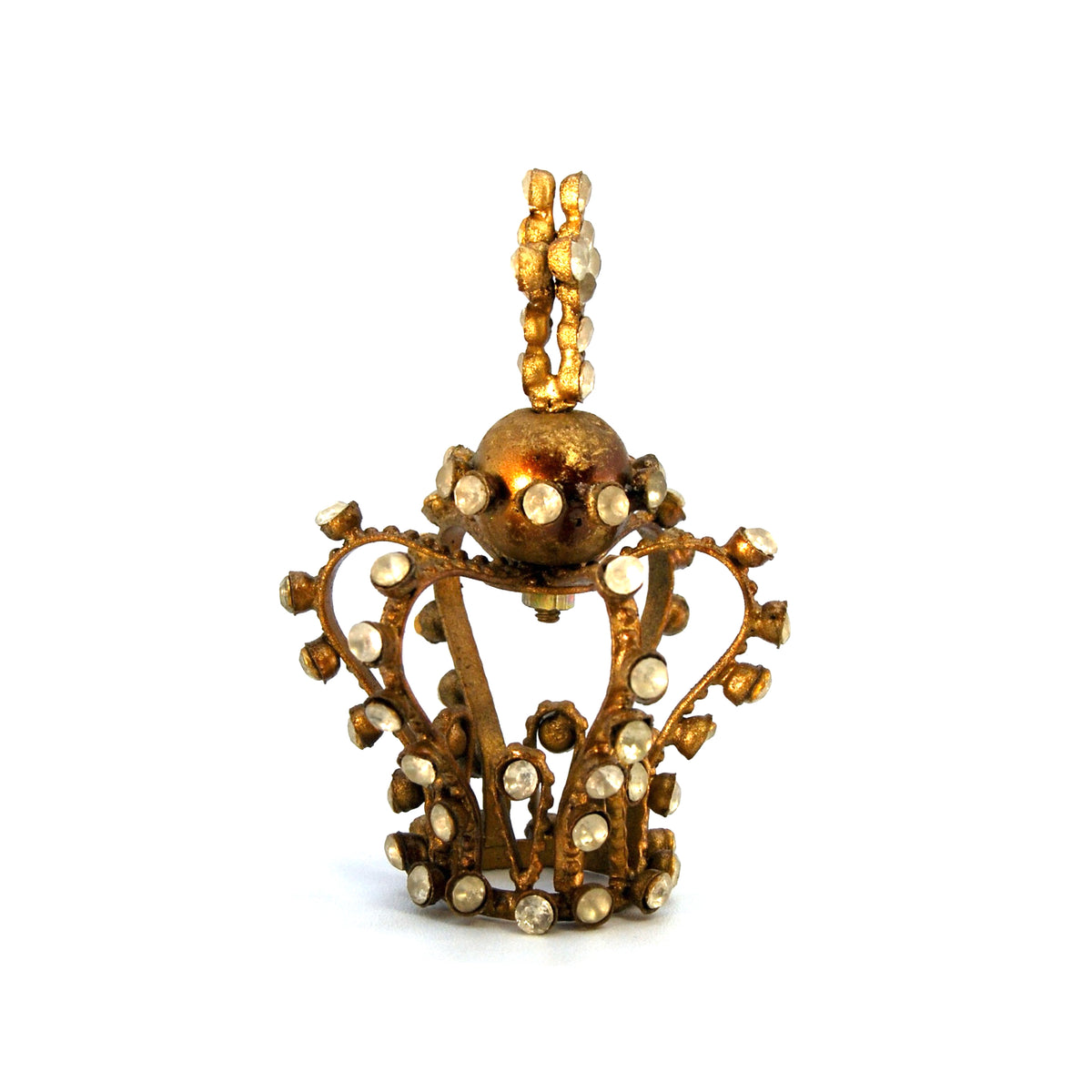 Tiny Jeweled Santos Kings Crown, Ornate Antique Gold Rhinestone Orb and Cross Motif