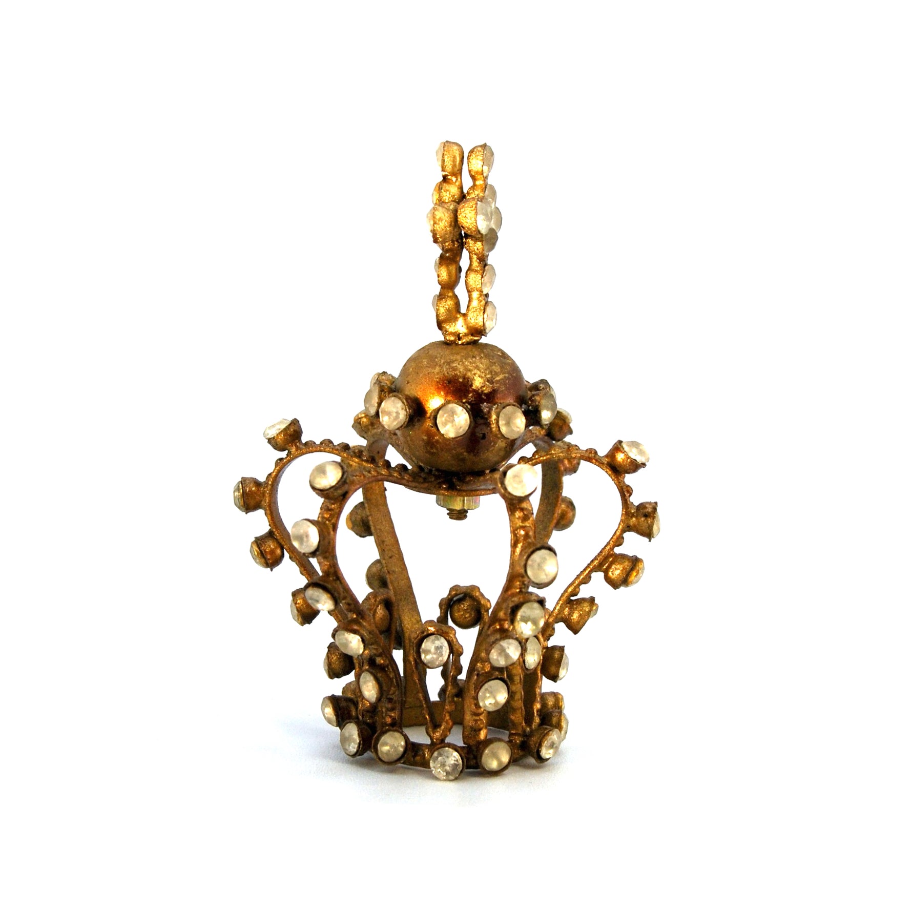 Tiny Jeweled Santos Kings Crown, Ornate Antique Gold Rhinestone Orb and Cross Motif