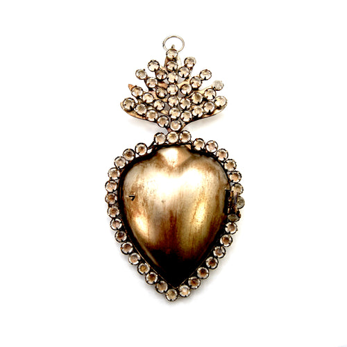 6in Rhinestone Sacred Heart Ex Voto Locket Ornament, Antiqued Silver