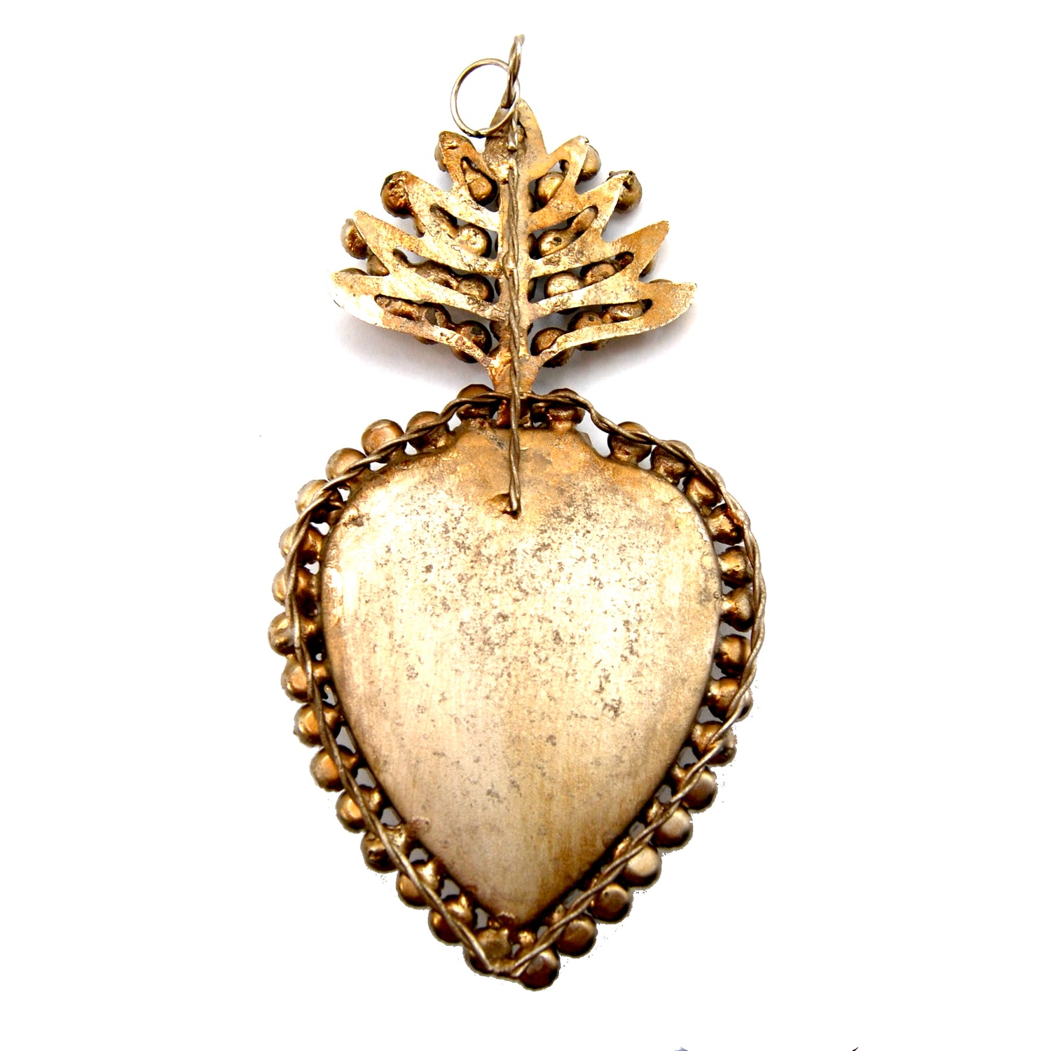 6in Rhinestone Sacred Heart Ex Voto Locket Ornament, Antiqued Silver