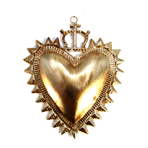6in Crowned Sacred Heart Ex Voto Milagro Ornament, Antiqued Silver